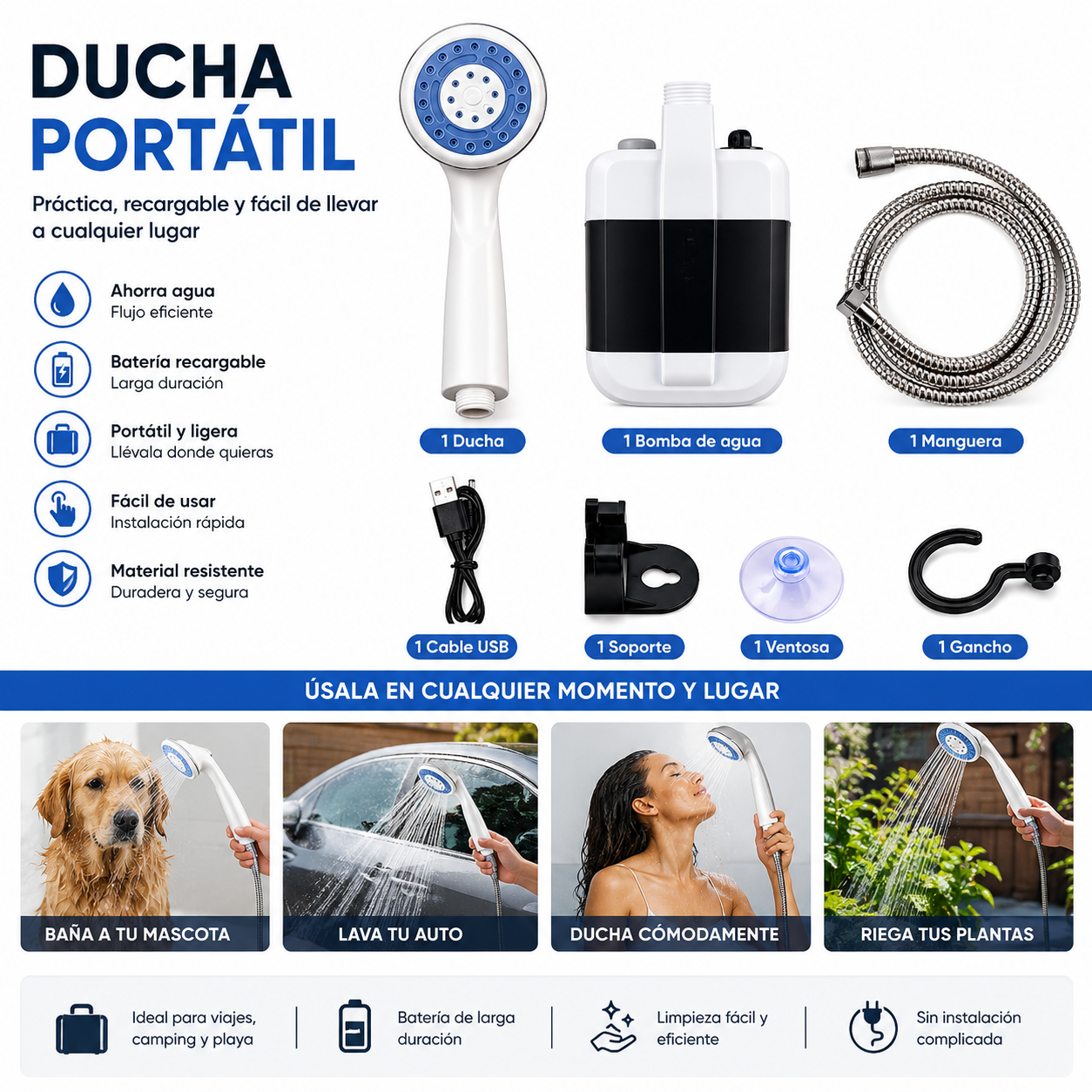 Ducha Portátil Recargable | Ahorra Agua y Limpia Donde Quieras