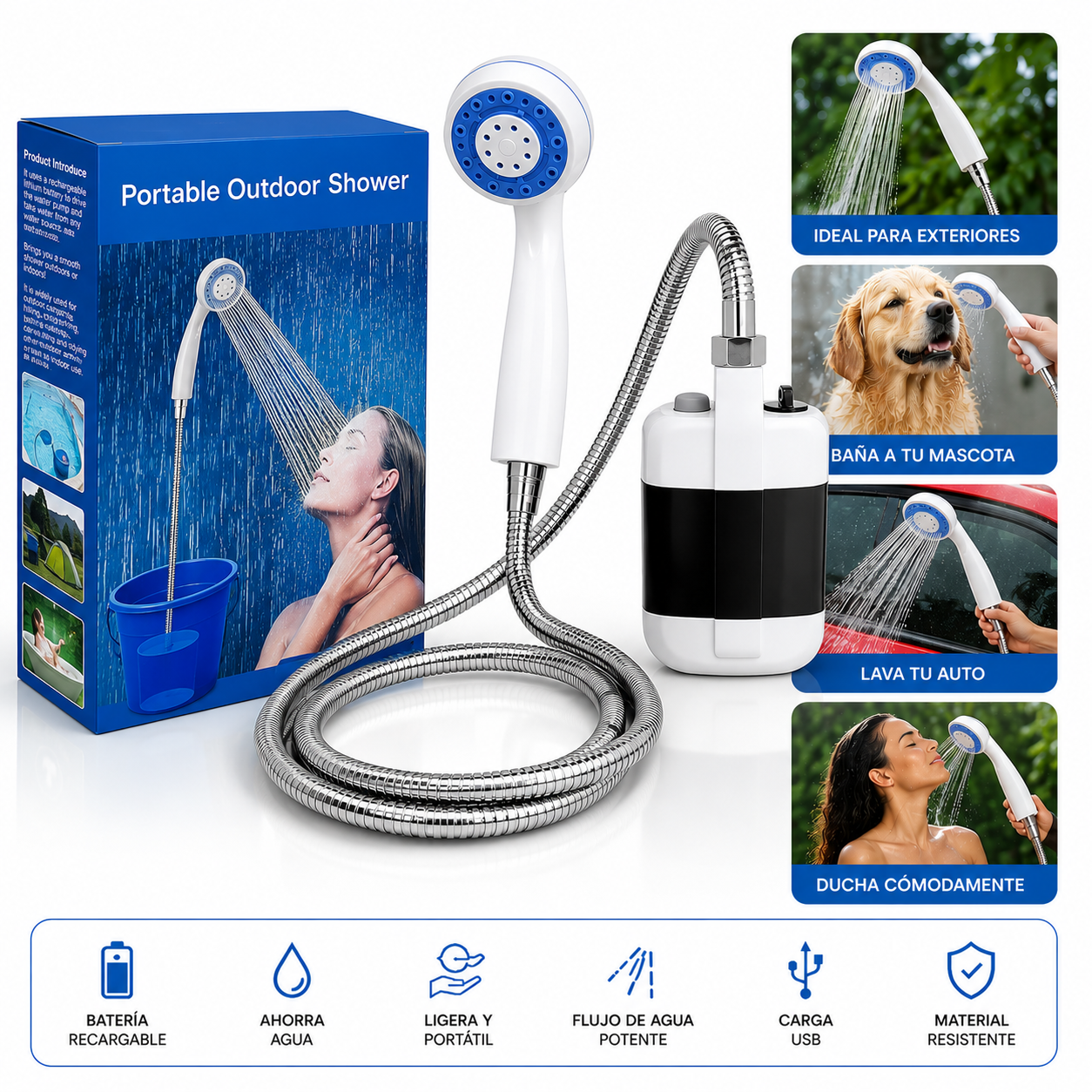 Ducha Portátil Recargable | Ahorra Agua y Limpia Donde Quieras