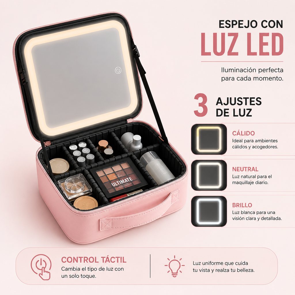Cosmetiquera Organizadora con Espejo LED y Compartimentos