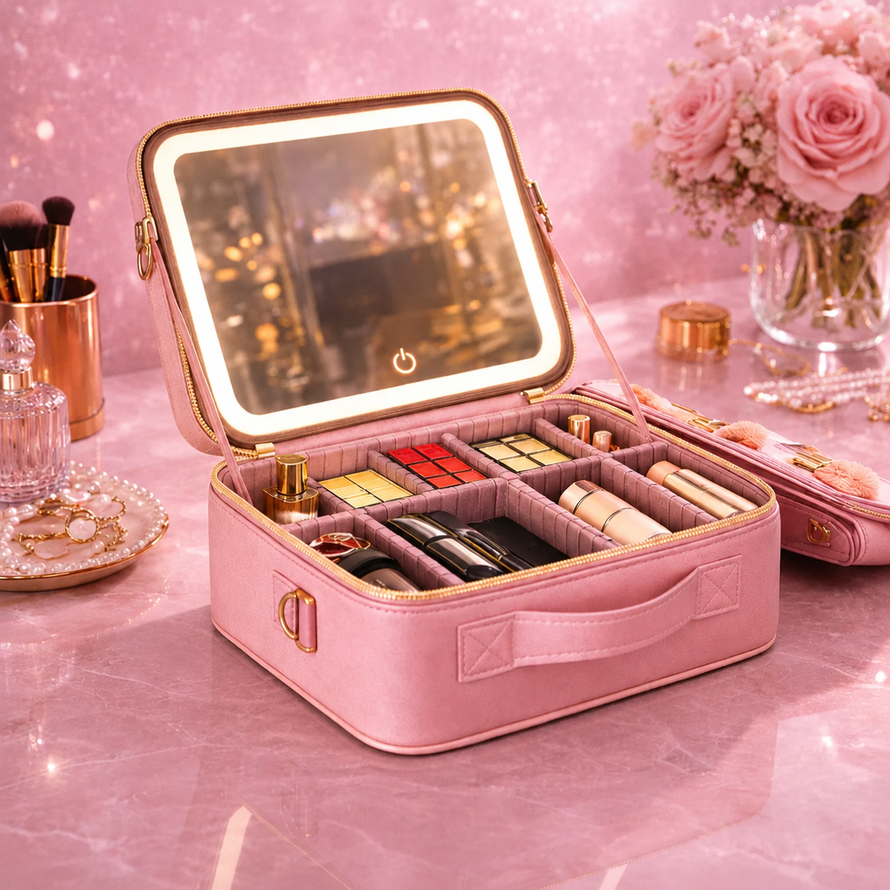Cosmetiquera Organizadora con Espejo LED y Compartimentos