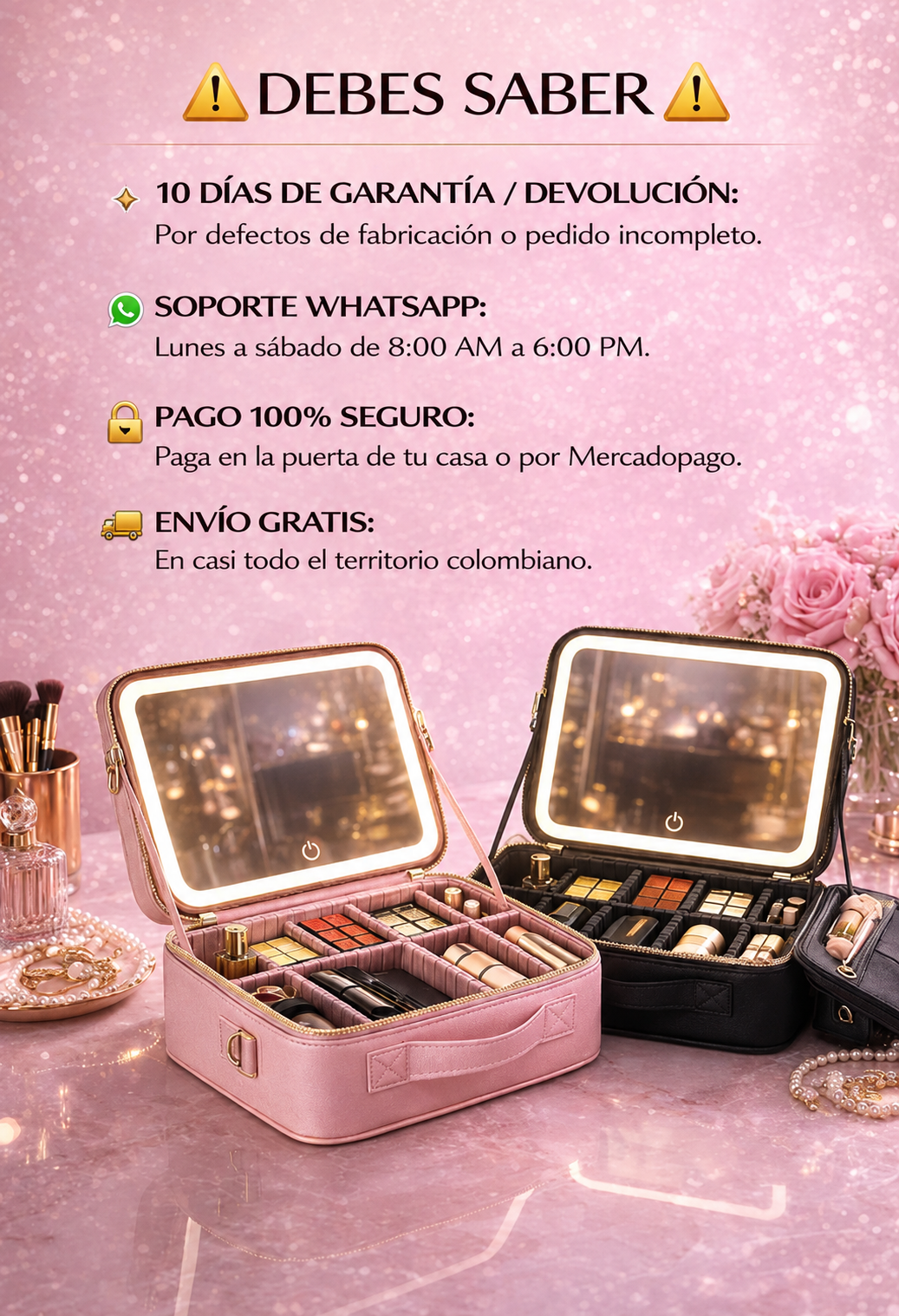 Cosmetiquera Organizadora con Espejo LED y Compartimentos